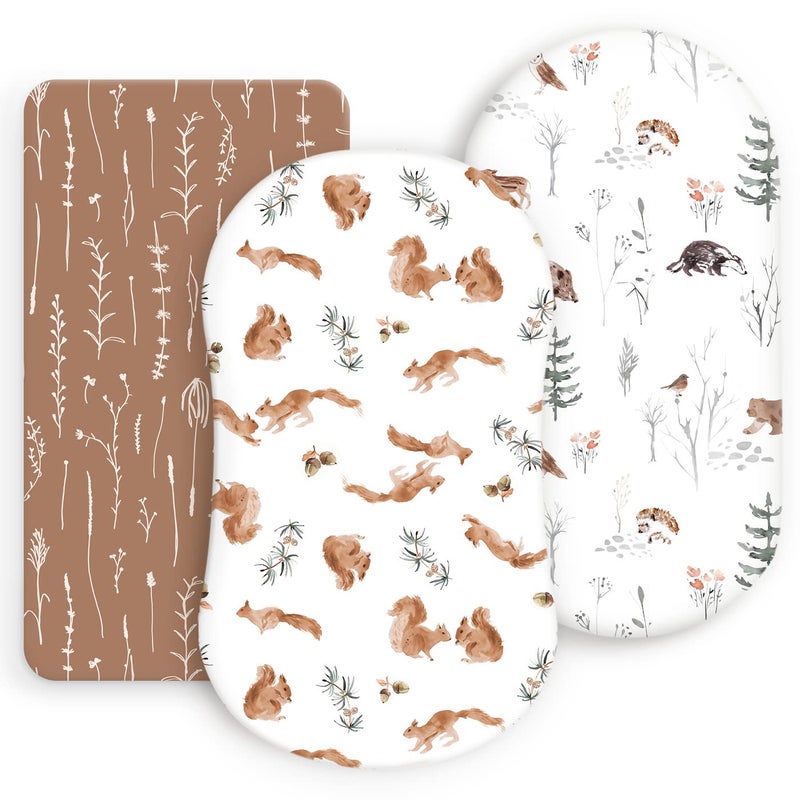 Stretchy Ultra Soft Fitted Bassinet Sheet Set 3 Pack Universal Fit for Bassinets Baby Cradle Moses Basket Oval Rectangle Mattress Safe and Snug Cute Jungle Squirrels and Animals