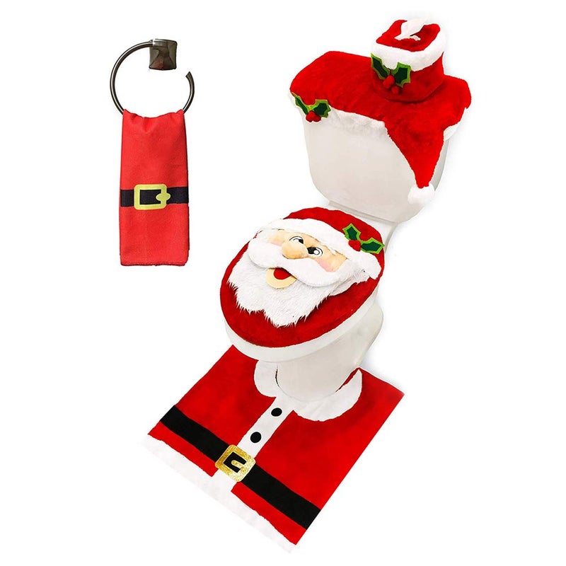 JOYIN JOYIN 5 Pieces Christmas Theme Bathroom Decoration Set wToilet Seat Cover Rugs Tank Cover Toilet Paper Box Cover and Santa Towel for Xmas Indoor Dcor Party Favors Santa 