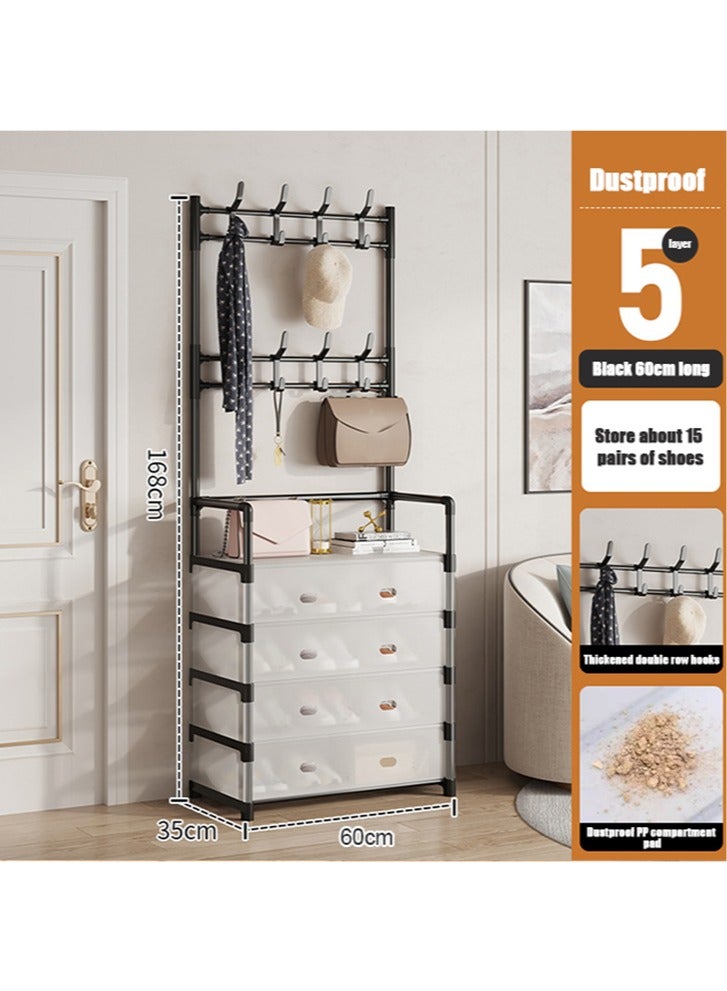 Multifunctional Shoe Rack, Metal Assembly, Dust-Proof Storage Shoe Rack, Household Space-Saving Shoe And Coat Rack, 5-Layer Black - Image 2