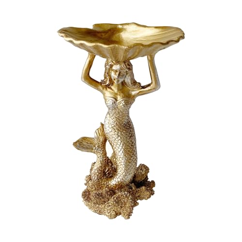 Pewery Jewelry Dish Resin Mermaid Shell Dish Ring Holder Jewelry Organizer Trinket Dish Golden Mermaid Shell Statue Home Decor for Home Office Desktop Bookshelf - Image 1