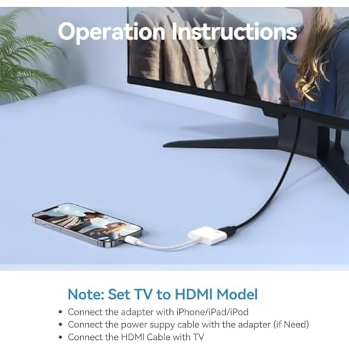 rayihni LIGHTNING TO HDMI ADAPTER FOR IPHONE, DIGITAL AV AUDIO DONGLE,1080P SYNC SCREEN CABLE WITH LIGHTNING CHARGING PORT FOR IPHONE, IPAD TO TV/PROJECTOR/MONITOR NEED POWER SUPPLY - Image 3