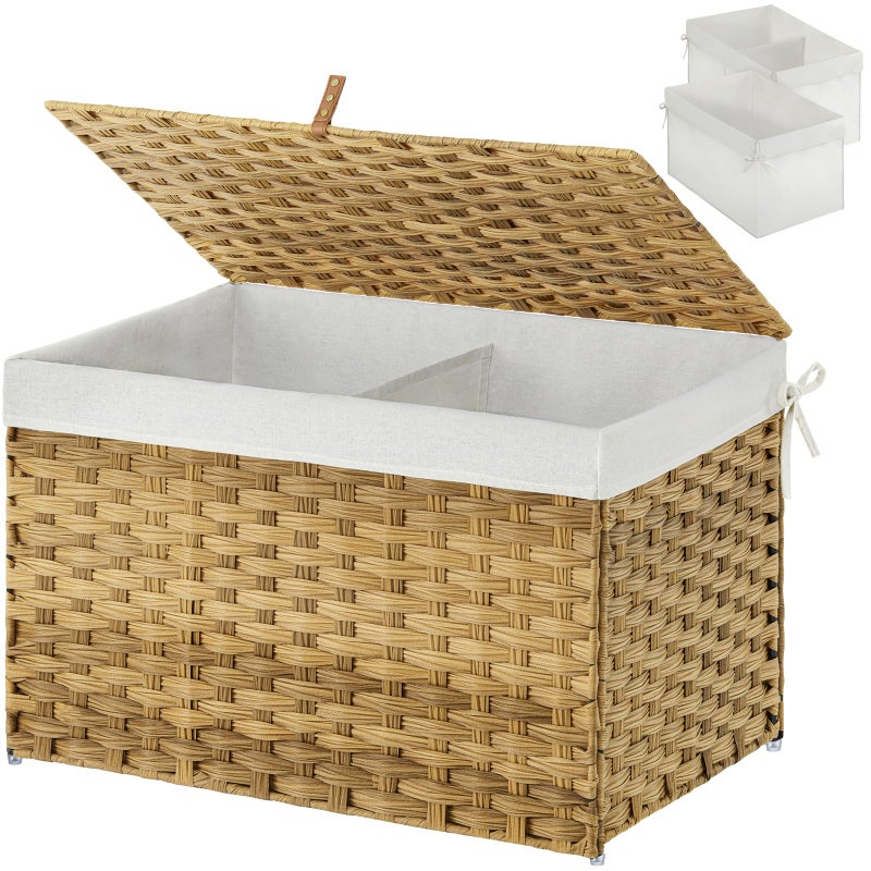 Greenstell GREENSTELL Storage Basket with Lid 277 Gallon105L Lagre Wicker Blanket Storage Basket with Handles Foldable 2 Removable Liner Bags Metal Frame for Bedroom Laundry Room Natural 