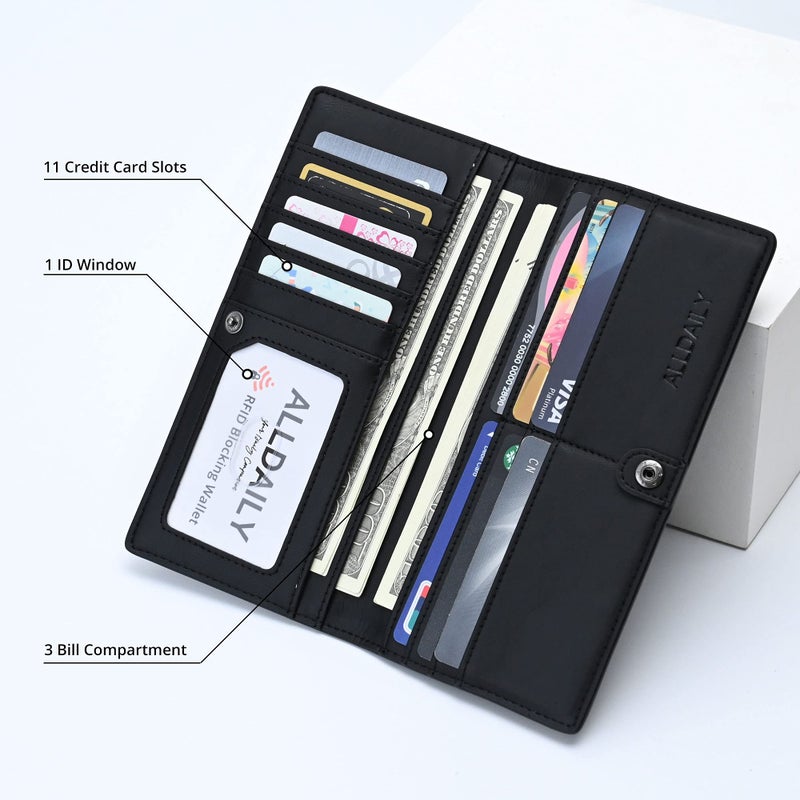 Alldaily Ultra Slim Thin Women Wallet RFID Blocking Credit Card Holder Bifold Long Ladies Billfold (Black) - Image 3