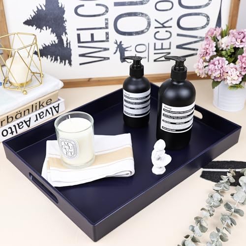 SforGUVA Navy Blue Serving Tray for Coffee Table, Rectangular Plastic Decorative Tray with Handles for Entertaining, Outdoor Patio, Living Room, Ottoman, Bathroom Counter, 11.8”*15.7”*1.6” - Image 4