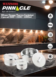 Winsor Winsor Omega Thermo Container 3 pcs set 1500 + 2200 + 3300m | Hot Pot Stainless Steel Casserole Set | Insulated Food Warmer Set Perfect for your Dining Table - Silver  - Image 5