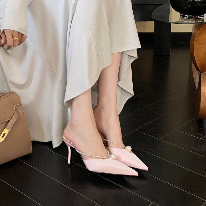 2025 Spring New Pointed Toe Stiletto High Heels, Slimming, French Fashion, And Beautiful, Closed-Toe Mules For Women