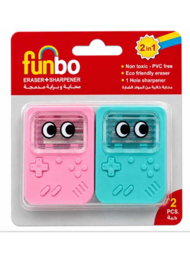 Funbo 1 piece Assorted color Sharpner 1H + Eraser 2pcs in Blis Pk Gam Pack of 2 - Image 1