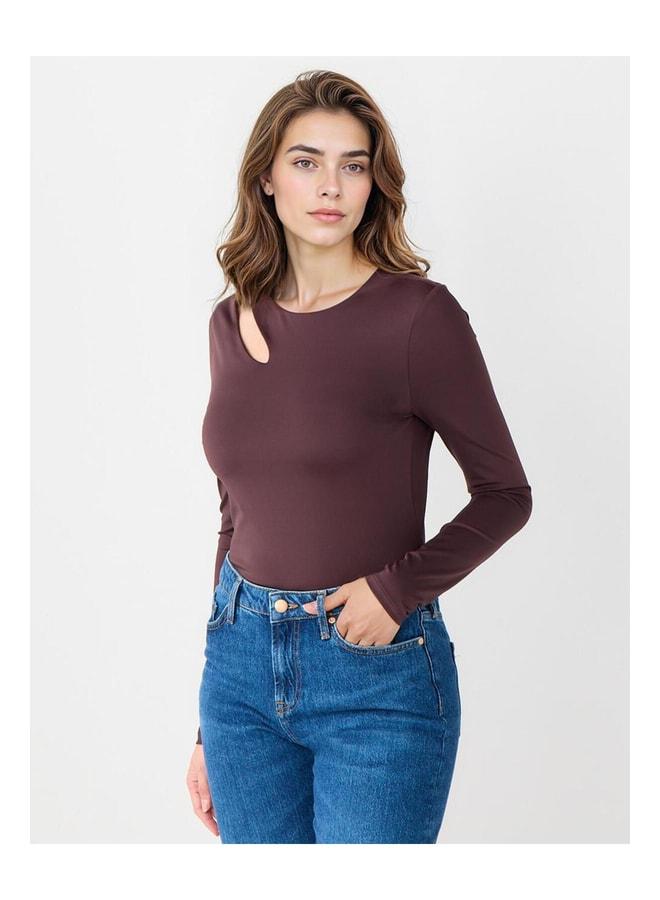 Jimmy Key Bitter Coffee Asymmetric Collar Long Sleeve Slim-Fit Knit Blouse - Image 3