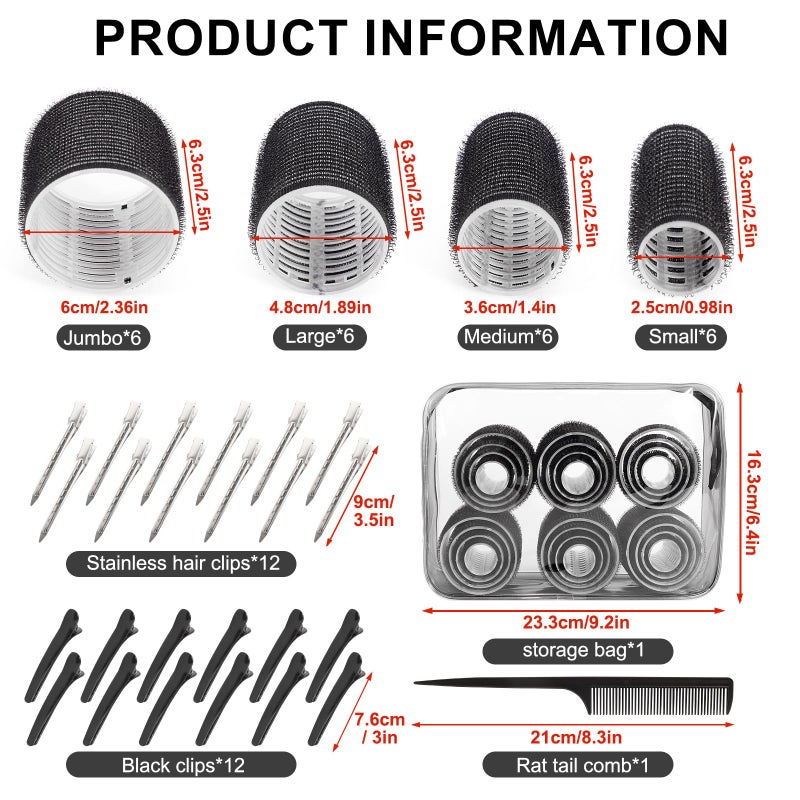 BESSEEK 4 Sizes Hair Rollers for Women Set - 50 Pcs Hair Curler Rollers with Clips, Self Grip Hair Rollers for Long, Short Hair and Bangs, 25mm, 36mm, 48mm, 60mm, Black - Image 2