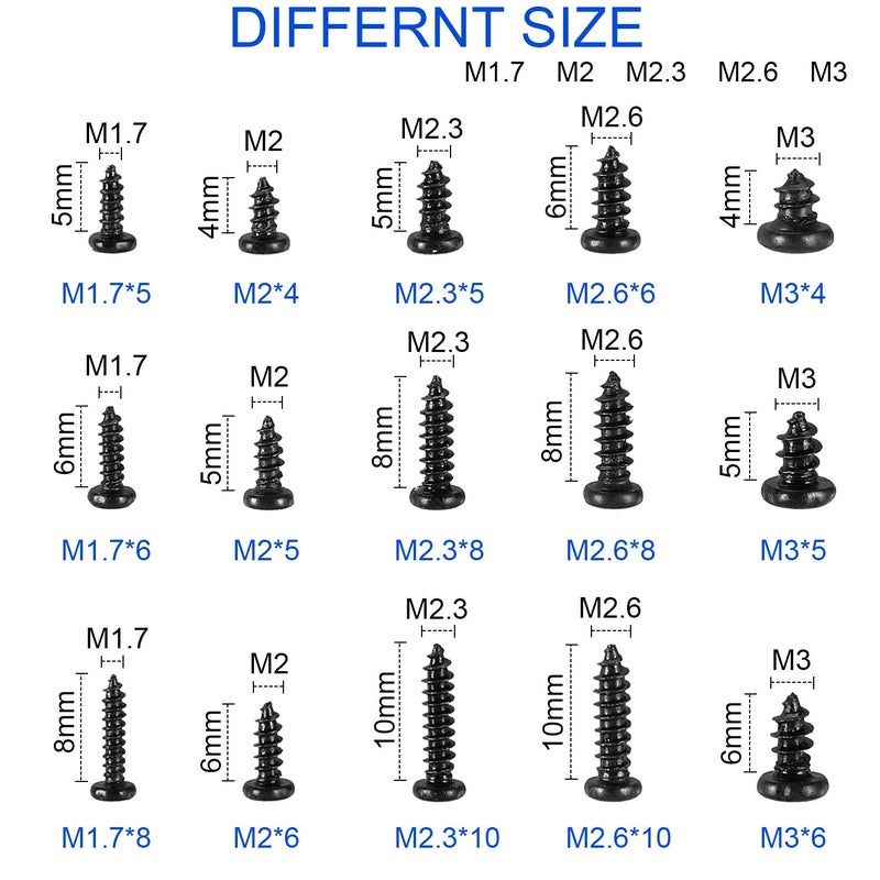 HanTof 750 Pcs Small/Micro/Tiny/Mini Self-Tapping Screws, M1.7-M3 Phillips Pan Head, Cross Recessed, DIY Electronic, Carbon Steel (Black) - Image 5