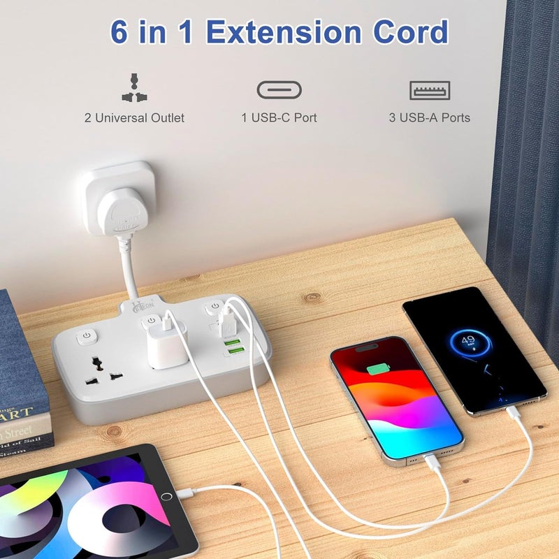 هوتيون لوحة تمديد ، شريط طاقة بمفاتيح فردية مع شحن سريع PD/Type C بقدرة 20 واط، سلك تمديد 2500 واط 10 أمبير مع مقبسين عالميين، منفذ QC3.0 واحد ومنفذي USB-A، حماية من زيادة التيار للمنزل - Image 3