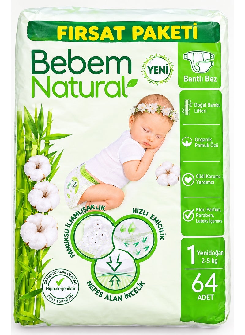 Bebem Natural Newborn Baby Diapers, Size 1 (2-5 kg), 64 Count - Image 1