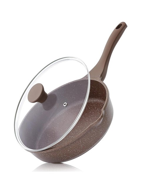 28Cm Swiss Granite Coating Deep Frying Pan Skillet With Glass Lid, Non-Stick, PFOA/PFOS/APEO Free, Saute Pan With Lid, Stay-Cool Handle, Chef Pan Healthy Cookware Cooking Pan With Cover, Induction And Gas Compatible, Dishwasher Safe, Toffee Brown