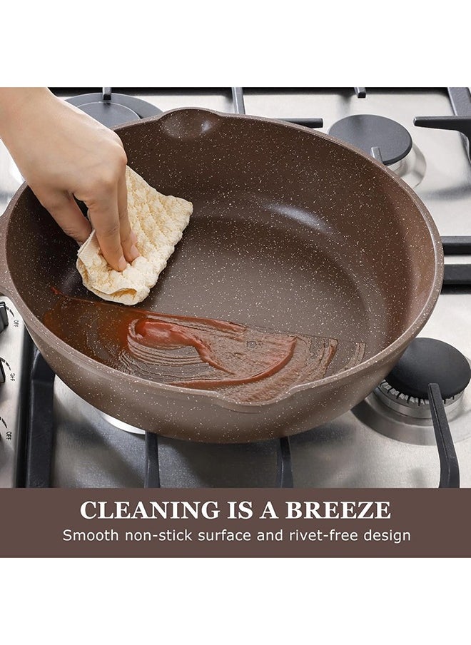 Sensarte - 28Cm Swiss Granite Coating Deep Frying Pan Skillet With Glass Lid, Non-Stick, PFOA/PFOS/APEO Free, Saute Pan With Lid, Stay-Cool Handle, Chef Pan Healthy Cookware Cooking Pan With Cover, Induction And Gas Compatible, Dishwasher Safe, Toffee Brown - Image 1