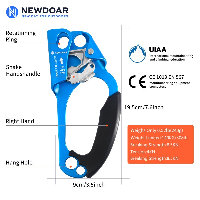 NewDoar Right Hand Ascender Rock Climbing Tree Arborist Rappelling Gear Equipment CE Certified Rope Clamp for 8~13MM Rope(Right Hand) - Image 2