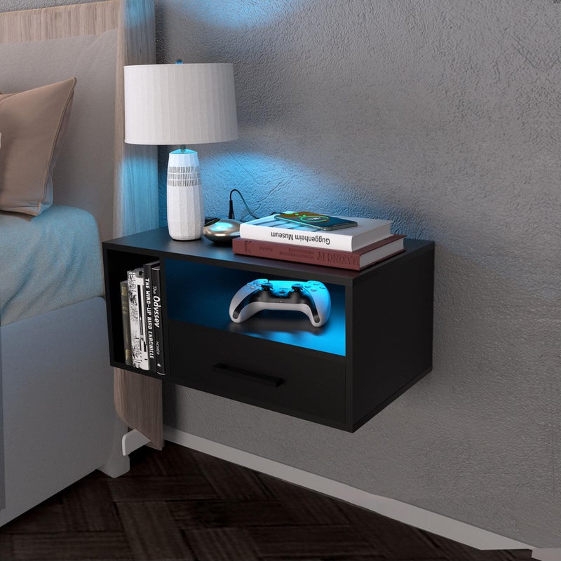 Bloddream Floating Nightstand with Charging Station and LED Light Strips 213 Night Stand with Drawers Floating Bedside with USB Ports and Outlets Bedroom Furniture Black