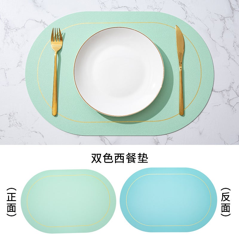 Gold Rim Leather Placemats Oval Non-Slip Heat Resistant Mint Green/Sky Blue