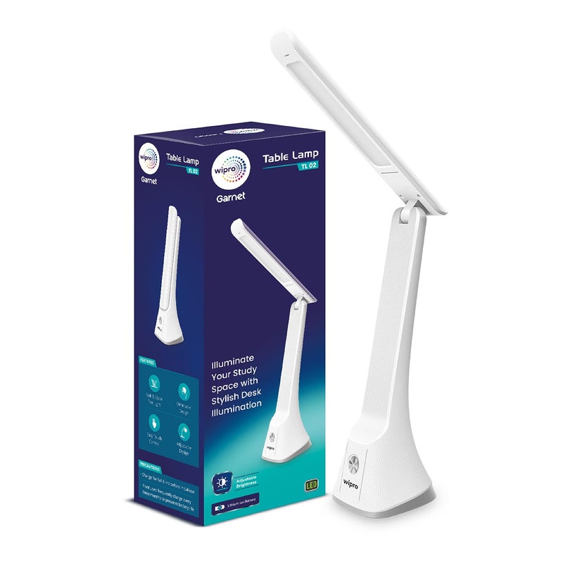 Wipro ABS 6W Rechargable Table lamp with 3 Grade dimming TL2 USBC ChargingLED Portable Desk lamp for StudyEasy Touch ControlAdjustable Light HeadPremium Texture DesignPack of 1 White - Image 1