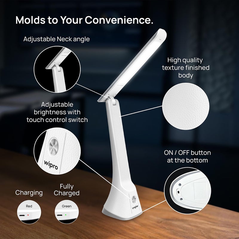 Wipro ABS 6W Rechargable Table lamp with 3 Grade dimming TL2 USBC ChargingLED Portable Desk lamp for StudyEasy Touch ControlAdjustable Light HeadPremium Texture DesignPack of 1 White - Image 3