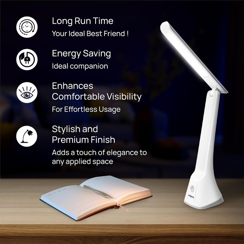 Wipro ABS 6W Rechargable Table lamp with 3 Grade dimming TL2 USBC ChargingLED Portable Desk lamp for StudyEasy Touch ControlAdjustable Light HeadPremium Texture DesignPack of 1 White - Image 2