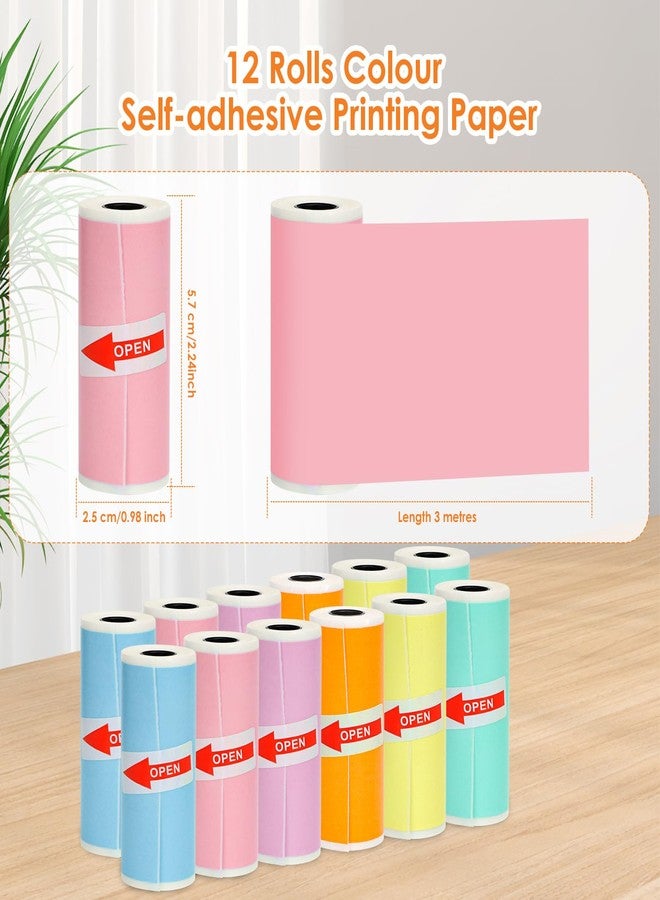HuiJuKeJi 12 Rolls Mini Printer Sticker Paper,Thermal Self-adhesive paper 57 * 25mm,12 Rolls of Colour Paper for Pocket Inkless Portable Bluetooth Printer to Print Photo,Note - Image 2