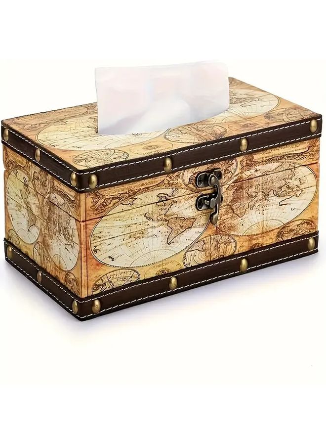 Vintage World Map Wooden Tissue Box Cover Yellow Recycled Wood Rectangular Decorative Lid - Image 1