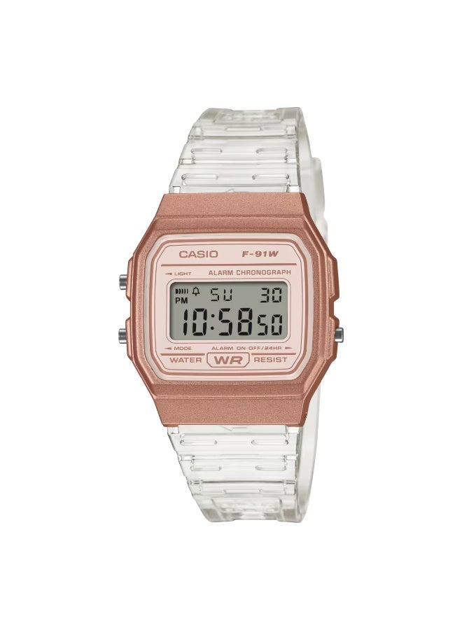 CASIO Vintage Digital Unisex Watch F-91WS-7A3, 38.2mm Rose Gold Resin Case & Transparent Resin Strap, LED Light, Stopwatch, Alarm, 30 m WR - Image 1