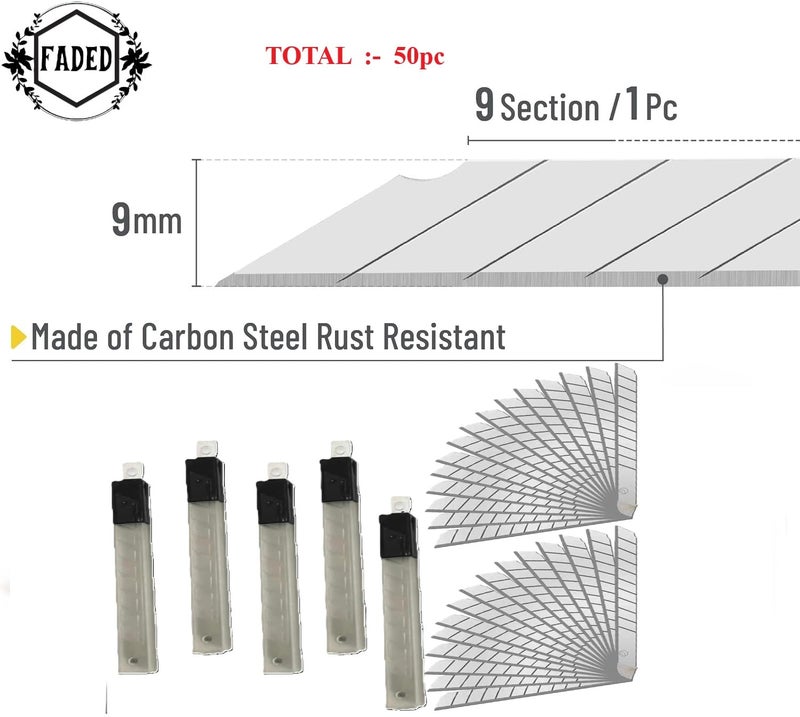 Faded 9mm Replacement Paper Cutter Blades – Sharp, Durable Steel Utility Knife Refills – Precision Cutting Blades for Office, Art, Craft, DIY & Stationery Use (Pack of 50pcs) - Image 3