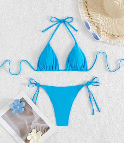 Tainehs Women's Sexy Halter Thong Bikini Tie Two Sides Bottom Triangle Bikini Swimsuits Light Blue - Image 5