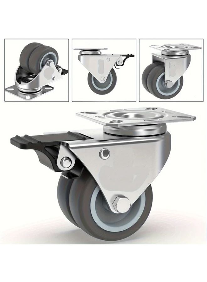 4Pcs 2 Inch Heavy Duty Castor Wheels With 2 Brakes 800Lbs Capacity Silvery - Image 4