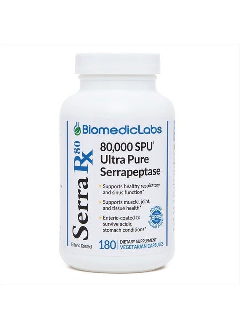 Serra-RX 80,000 SU Serrapeptase - Enteric Coated Proteolytic Systemic Enzyme, Non-GMO, Gluten Free, Vegan, Supports Sinus & Lung Health, 180 Veg Capsules