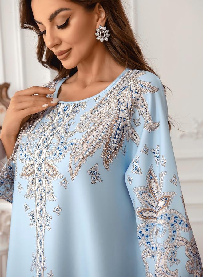 Take Two Graphic Print Embellished Faux Pearl Jalabiya - Image 2