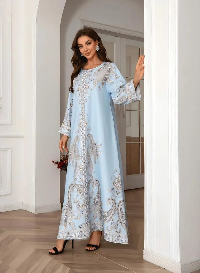 Take Two Blue Take Two Graphic Print Embellished Faux Pearl Jalabiya for Women | Best Price UAE