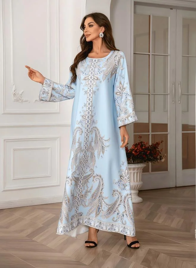 Take Two Blue Take Two Graphic Print Embellished Faux Pearl Jalabiya for Women | Best Price UAE