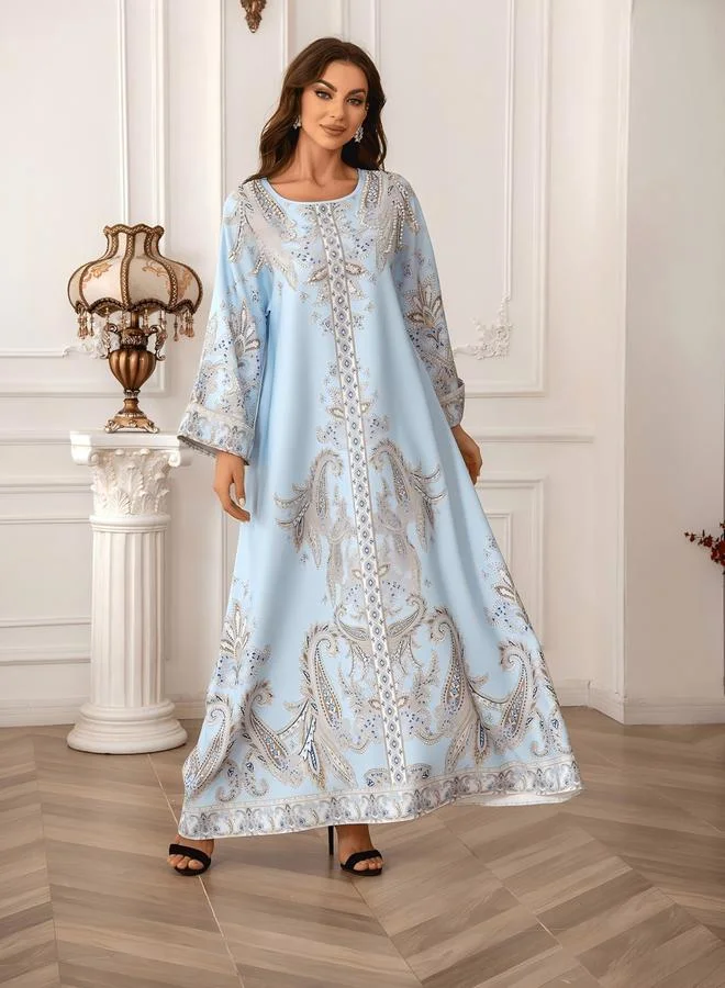 Take Two Blue Take Two Graphic Print Embellished Faux Pearl Jalabiya for Women | Best Price UAE