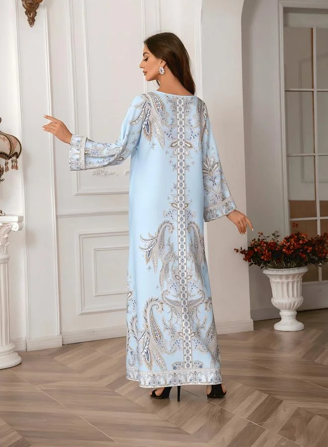 Take Two Blue Take Two Graphic Print Embellished Faux Pearl Jalabiya for Women | Best Price UAE