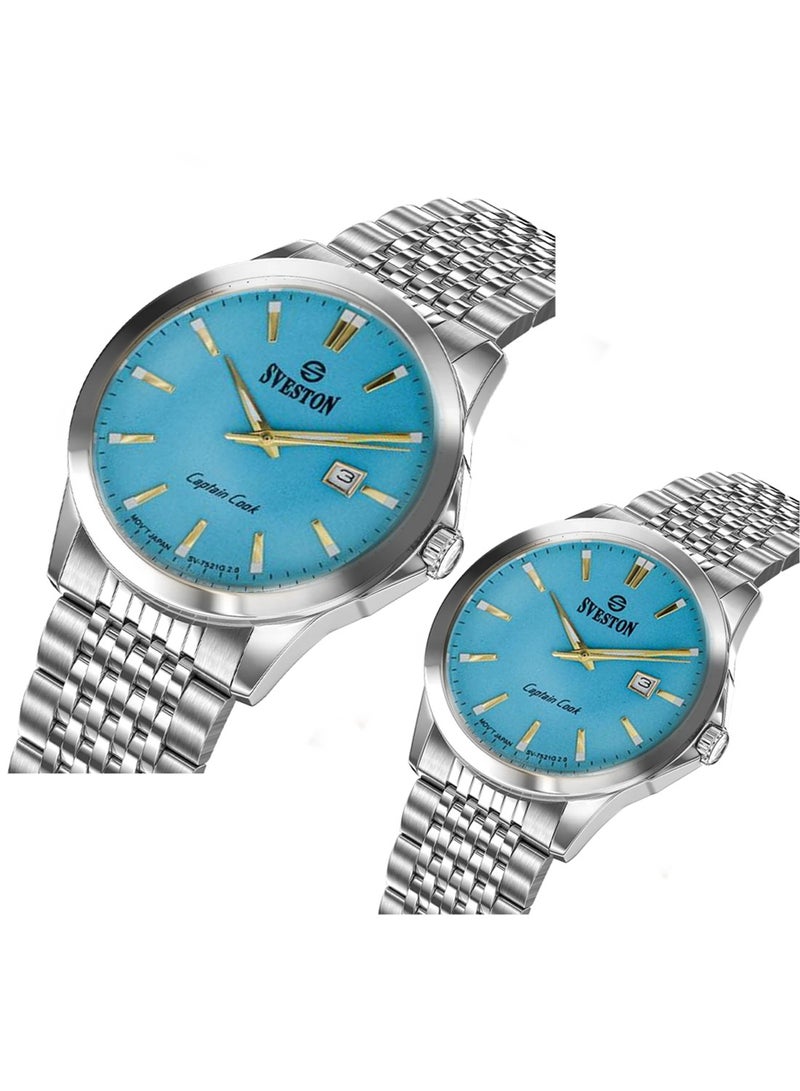 Sveston Captain Cook Analog Quartz Sky Blue Dial Stainless Steel Couple Set Watch SV 7521  - Image 2