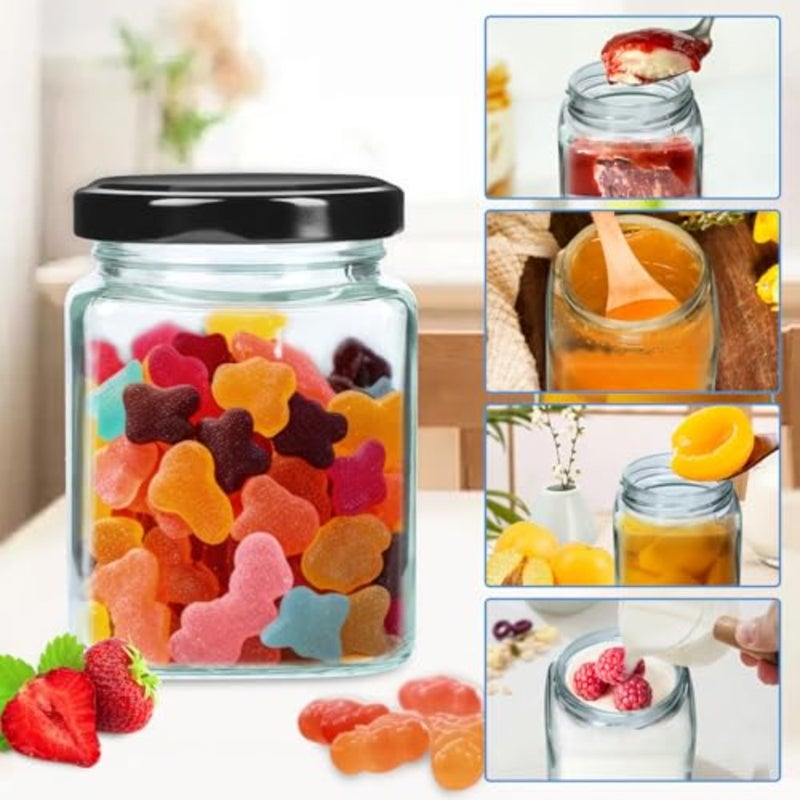 12 Pack 8oz Square Glass Jars with Airtight Black Lids, Labels and Cleaning Brush, Small Mason Jars for Spices, Jam, Honey, Jelly, DIY Gifts, Wedding Favors - Image 4