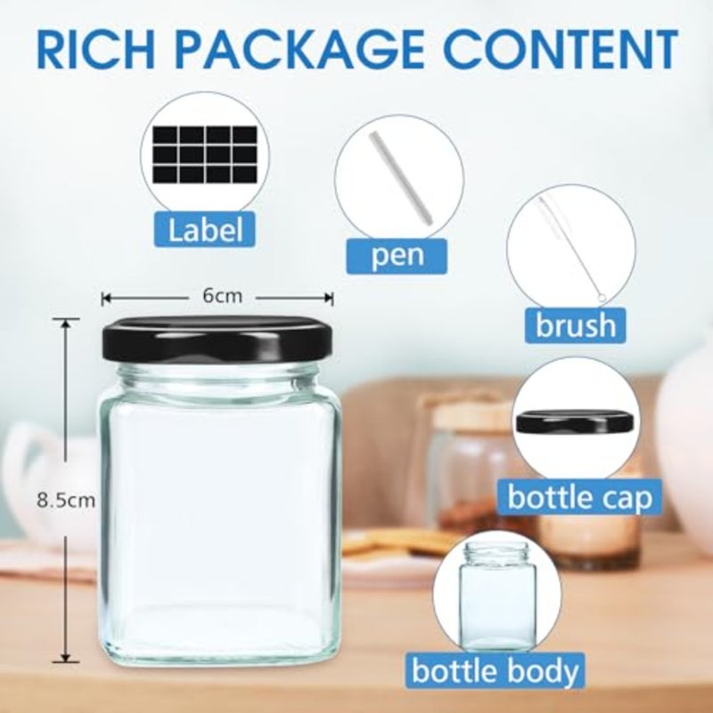 12 Pack 8oz Square Glass Jars with Airtight Black Lids, Labels and Cleaning Brush, Small Mason Jars for Spices, Jam, Honey, Jelly, DIY Gifts, Wedding Favors - Image 2