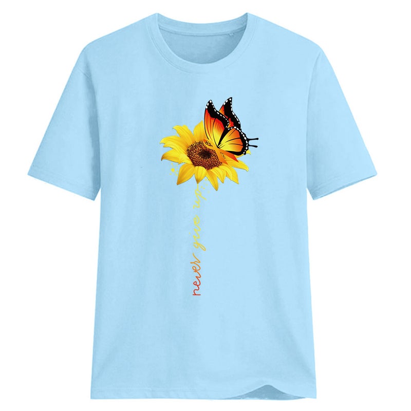 Butterfly Sunflower Sunflower Print Short Sleeve T-Shirt Explosive Foreign Trade One Drop Shipping Wish eBay White GAH08013 Sky blue white GAH08013 L - Image 1