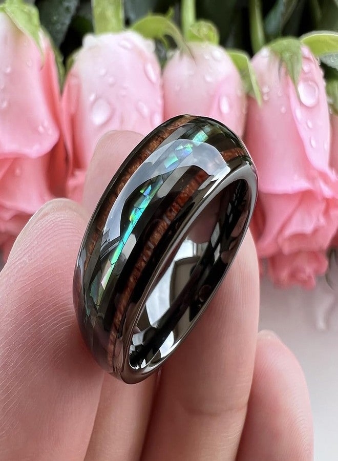 TUTISS 8mm Gunmetal Tungsten Rings for Men Women Koa Wood Abalone Shell Inlay Fashion Jewelry Engagement Wedding Bands Domed Polished Shiny Comfort Fit Size 11 - Image 4