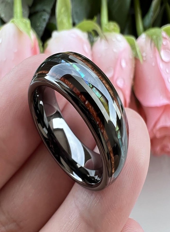 TUTISS 8mm Gunmetal Tungsten Rings for Men Women Koa Wood Abalone Shell Inlay Fashion Jewelry Engagement Wedding Bands Domed Polished Shiny Comfort Fit Size 11 - Image 3