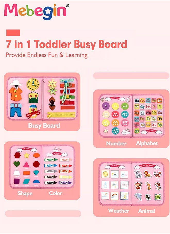 MEBEGIN 7 in 1 Montessori Busy Board Toys, Sensory Board with Number, Shape, Color, Animal, Weather, Developing Sensory Toy for Fine Motor Skills, Portable Travel Toy, Made of High Quality Felt Fabrics, Ideal Gift for Kids  - Image 4