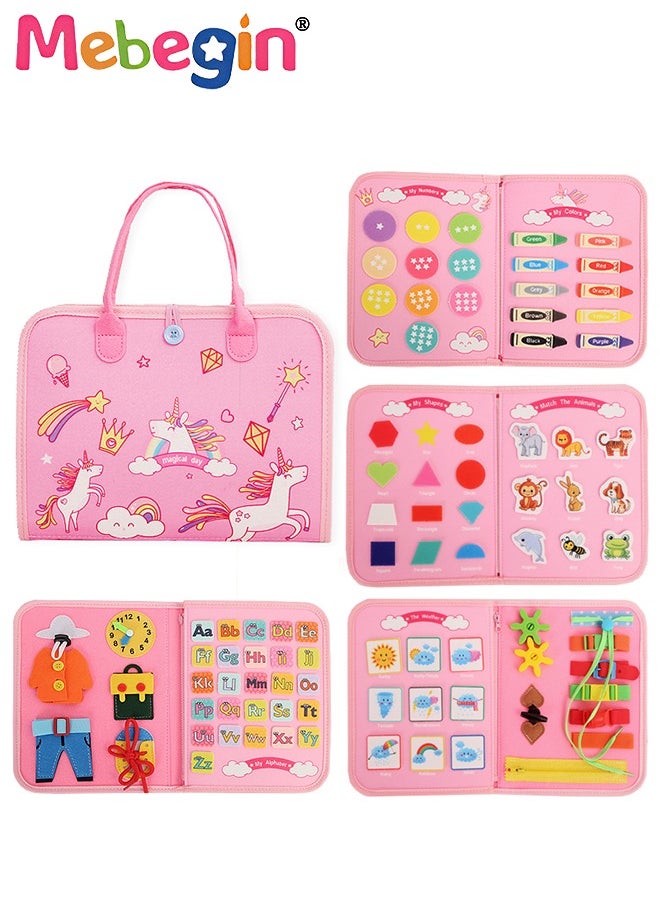 MEBEGIN 7 in 1 Montessori Busy Board Toys, Sensory Board with Number, Shape, Color, Animal, Weather, Developing Sensory Toy for Fine Motor Skills, Portable Travel Toy, Made of High Quality Felt Fabrics, Ideal Gift for Kids  - Image 1