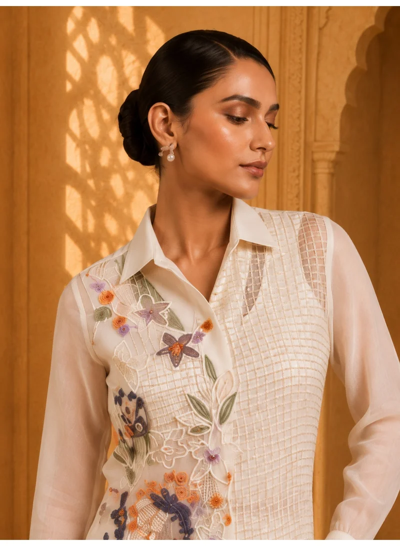 Lehar Lehar Ivory Floral Embroidered Overlay Co-Ord Set with Textured Inner Blouse & Palazzo Pants