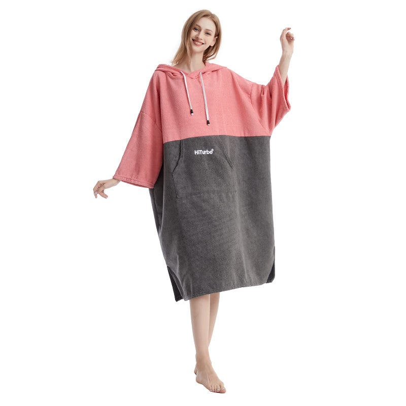 Hiturbo Changing Robe, Absorbent Quick Dry Surf Poncho, 3/4 Sleeve Microfiber Hooded Towel for Beach Swimming Surfing Bathing (Pink/Gray) - Image 4