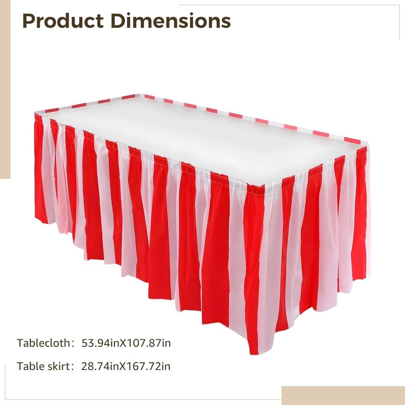 2 Pcs Red and White Striped Peva Tablecloth and Skirt Set, Waterproof & Oilproof for Party & Wedding - Image 5