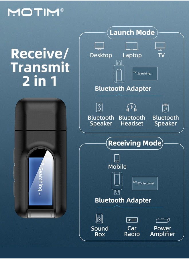 USB Bluetooth 5.0 Wireless Adapter, LCD Display, 2 IN 1 Audio Transmitter Aux Receiver Transceiver, Power by USB for Desktop Laptop Computer, TV, Projector (Transmit Mode)/Speaker, Headphone (Receive Mode)