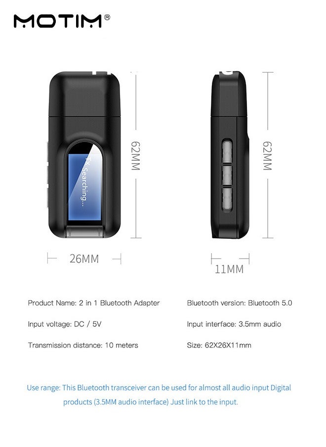 USB Bluetooth 5.0 Wireless Adapter, LCD Display, 2 IN 1 Audio Transmitter Aux Receiver Transceiver, Power by USB for Desktop Laptop Computer, TV, Projector (Transmit Mode)/Speaker, Headphone (Receive Mode)