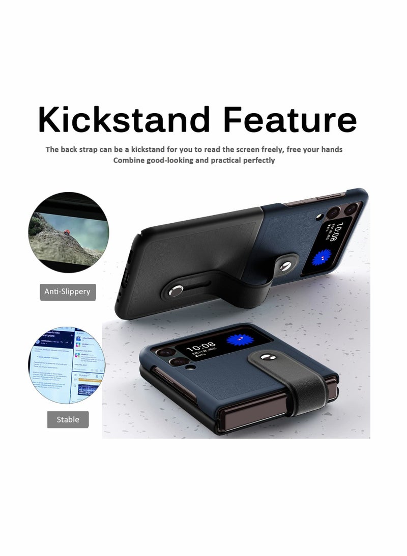 KASTWAVE Mobile Phone Protective Case, for Z Flip 3 5G 2021 with Hand Strap Cover PU Leather Compatible with Fit for Samsung Galaxy Z Flip 3 5G Case Wristband Plastic PC (Black+Deep Blue) - Image 3
